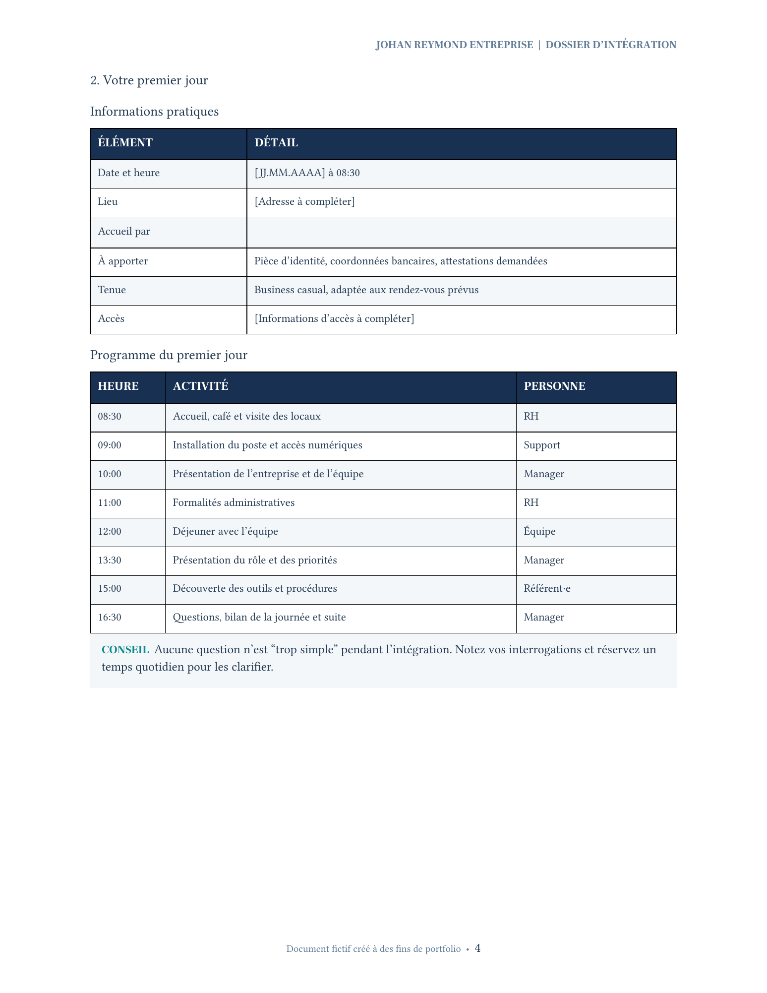 Informations pratiques et programme du premier jour — cas fictif